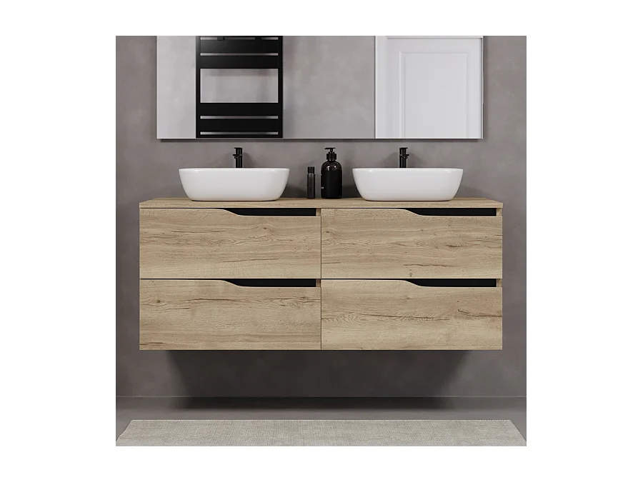 Meuble de salle de bain 140cm avec plateau et deux vasques à poser zeus - 4 tiroirs - sans miroir - madera miel (chêne clair) - LUNA