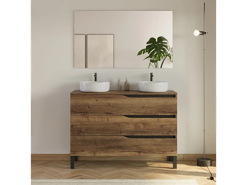 Meuble de salle de bain 120cm avec plateau et 2 vasques à poser Ares - 3 tiroirs - tabaco (chêne foncé) - MATA