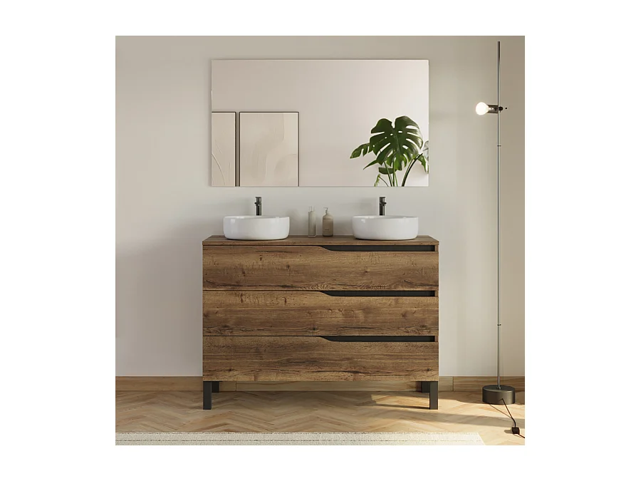 Meuble de salle de bain 120cm avec plateau et 2 vasques à poser Ares - 3 tiroirs - tabaco (chêne foncé) - MATA