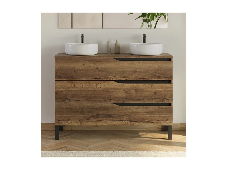 Meuble de salle de bain 120cm avec plateau et 2 vasques à poser Ares - 3 tiroirs - tabaco (chêne foncé) - MATA