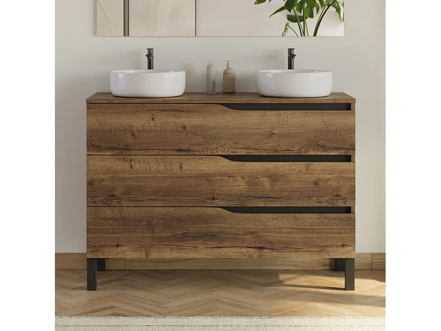 Meuble de salle de bain 120cm avec plateau et 2 vasques à poser Ares - 3 tiroirs - tabaco (chêne foncé) - MATA