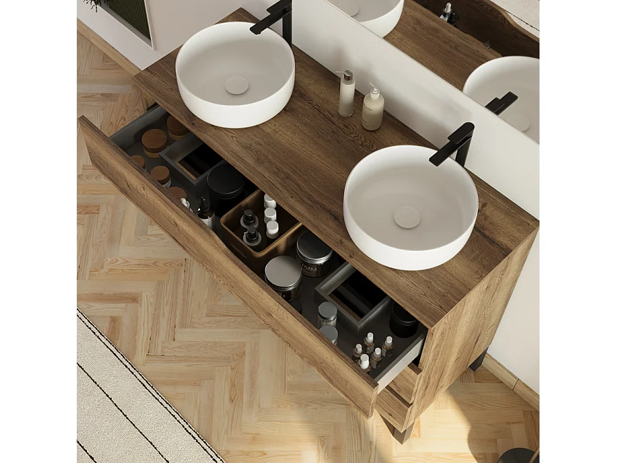 Meuble de salle de bain 120cm avec plateau et 2 vasques à poser Ares - 3 tiroirs - tabaco (chêne foncé) - MATA