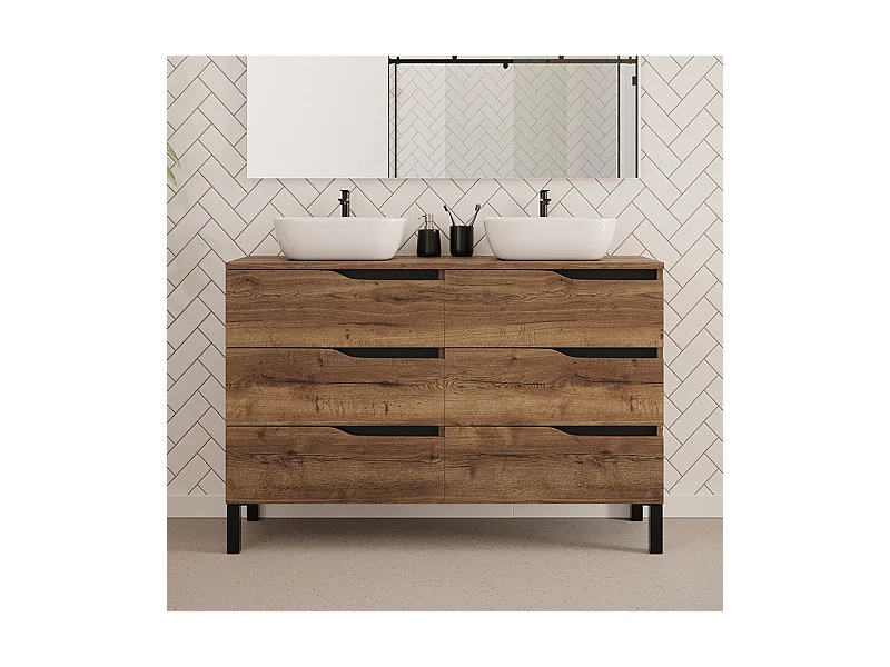 Meuble de salle de bain 120cm avec plateau et deux vasques à poser zeus - 6 tiroirs - sans miroir - tabaco (chêne foncé) - MATA
