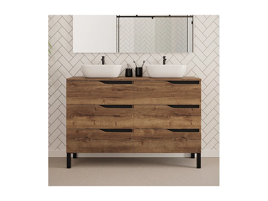 Meuble de salle de bain 120cm avec plateau et deux vasques à poser zeus - 6 tiroirs - sans miroir - tabaco (chêne foncé) - MATA