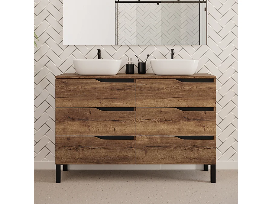 Meuble de salle de bain 120cm avec plateau et deux vasques à poser zeus - 6 tiroirs - sans miroir - tabaco (chêne foncé) - MATA