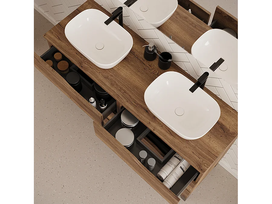 Meuble de salle de bain 120cm avec plateau et deux vasques à poser zeus - 6 tiroirs - sans miroir - tabaco (chêne foncé) - MATA