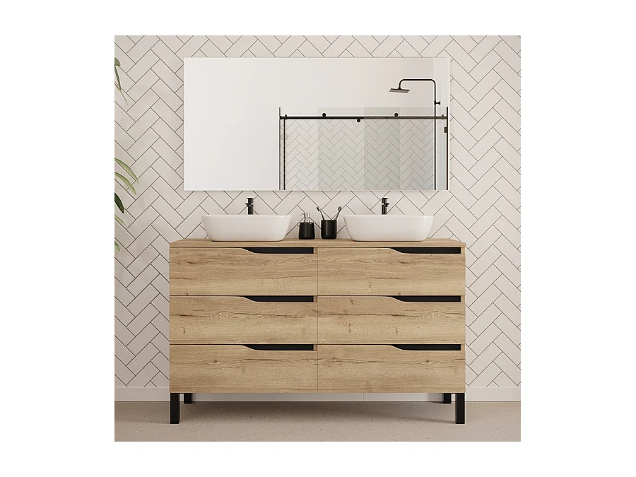 Meuble de salle de bain 140cm avec plateau et deux vasques à poser zeus - 6 tiroirs - madera miel (chêne clair) - MATA