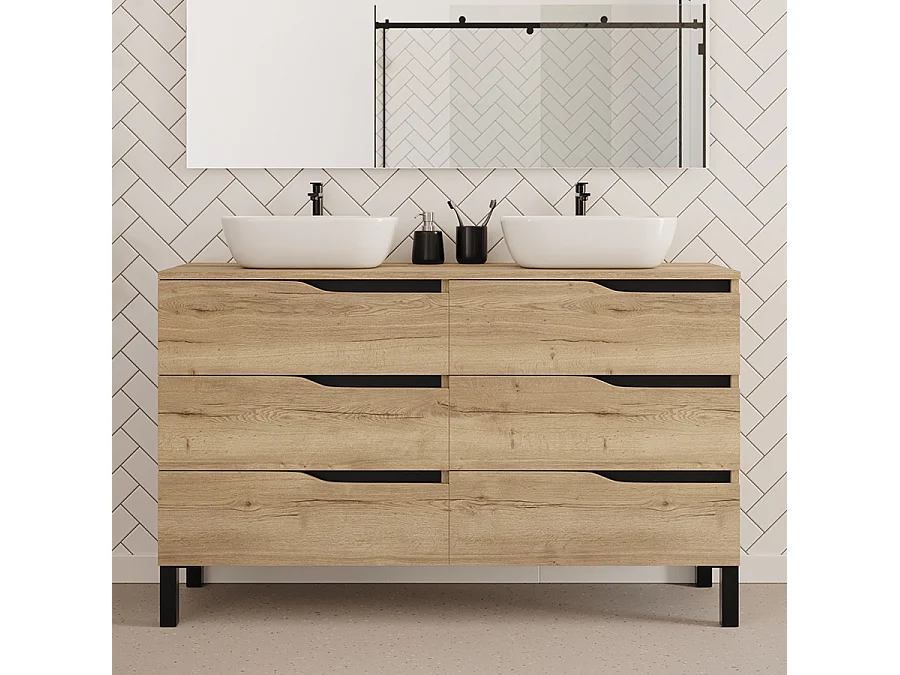 Meuble de salle de bain 140cm avec plateau et deux vasques à poser zeus - 6 tiroirs - madera miel (chêne clair) - MATA