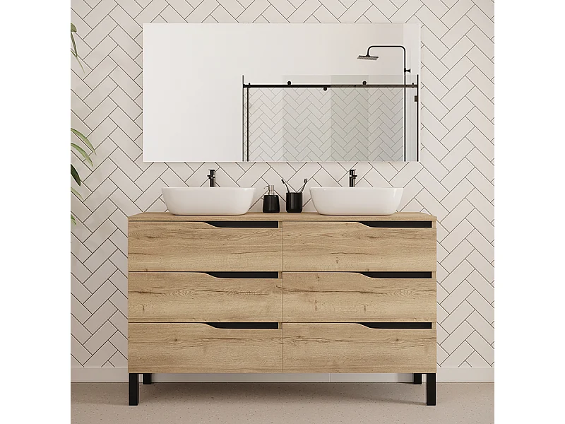 Meuble de salle de bain 140cm avec plateau et deux vasques à poser zeus - 6 tiroirs - madera miel (chêne clair) - MATA