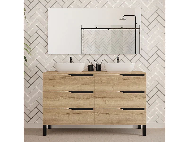 Meuble de salle de bain 140cm avec plateau et deux vasques à poser zeus - 6 tiroirs - madera miel (chêne clair) - MATA