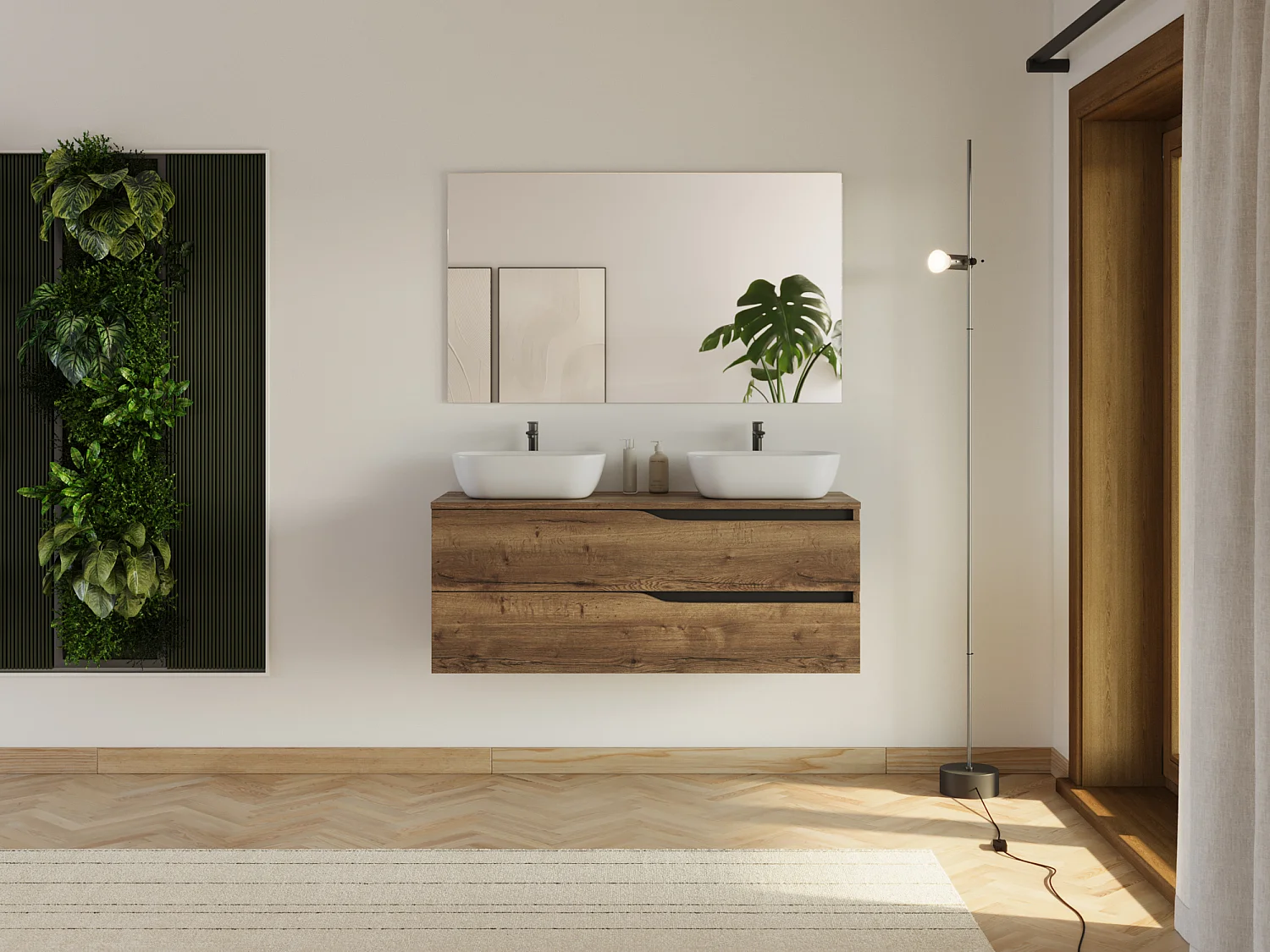 Meuble de salle de bain 120cm avec plateau et 2 vasques à poser Zeus - 2 tiroirs - sans miroir - tabaco (chêne foncé) - LUNA