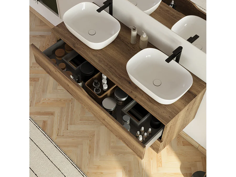 Meuble de salle de bain 120cm avec plateau et 2 vasques à poser Zeus - 2 tiroirs - sans miroir - tabaco (chêne foncé) - LUNA