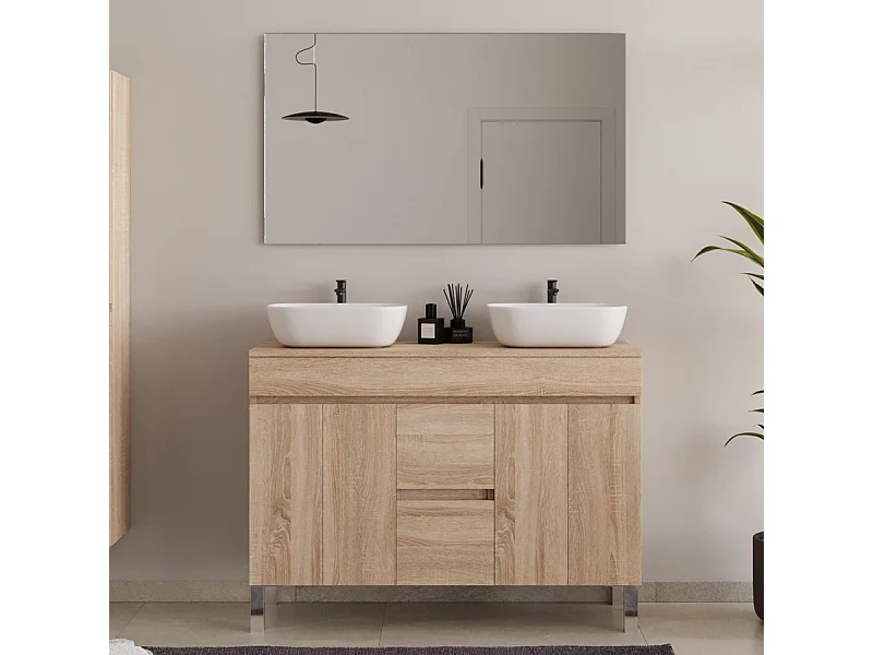 Meuble de salle de bain 120cm sur pieds avec plateau et deux cuves à poser arrondies - portes et tiroirs - cambrian (chêne clair) - HARO