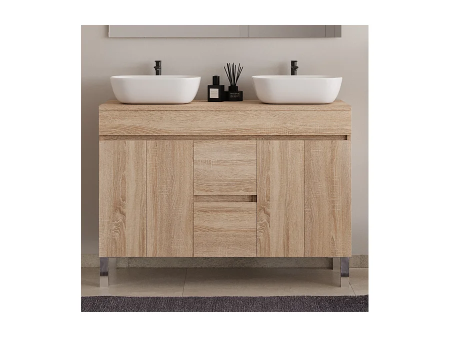 Meuble de salle de bain 120cm sur pieds avec plateau et deux cuves à poser arrondies - portes et tiroirs - cambrian (chêne clair) - HARO