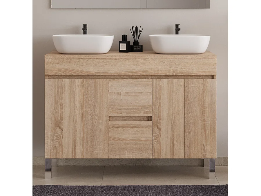 Meuble de salle de bain 120cm sur pieds avec plateau et deux cuves à poser arrondies - portes et tiroirs - cambrian (chêne clair) - HARO