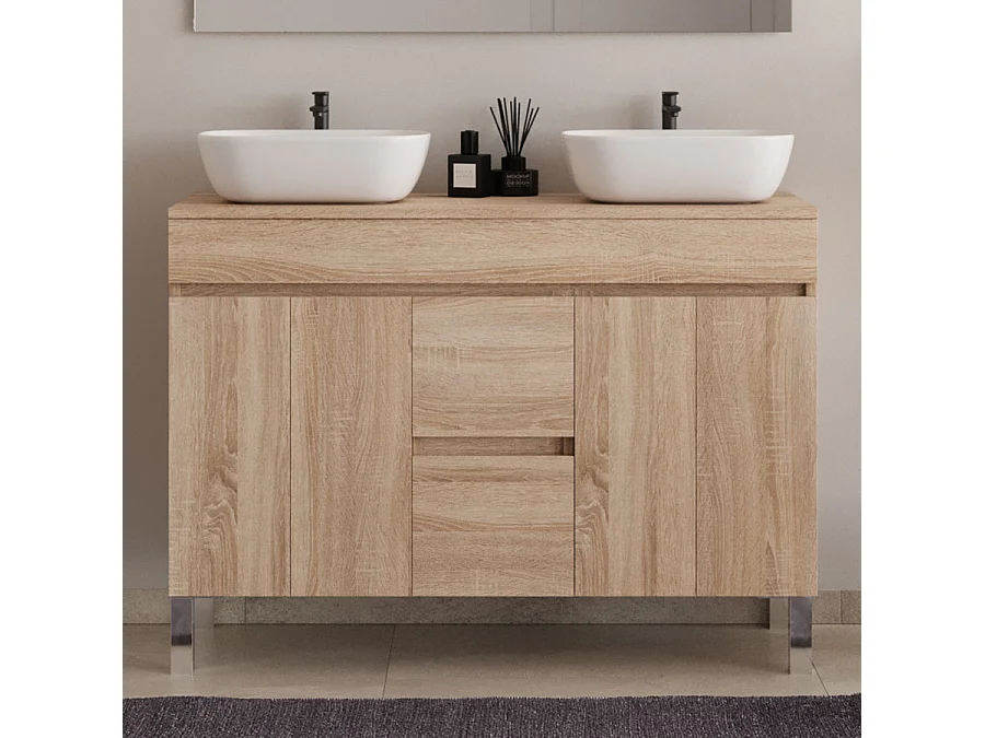 Meuble de salle de bain 120cm sur pieds avec plateau et deux cuves à poser arrondies - portes et tiroirs - cambrian (chêne clair) - HARO
