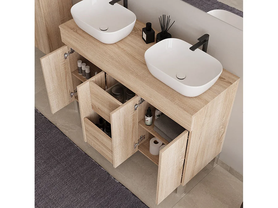 Meuble de salle de bain 120cm sur pieds avec plateau et deux cuves à poser arrondies - portes et tiroirs - cambrian (chêne clair) - HARO
