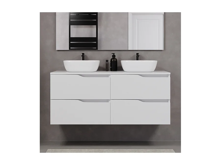 Meuble de salle de bain 120cm avec plateau et deux vasques à poser zeus - 4 tiroirs - sans miroir - blanc - LUNA