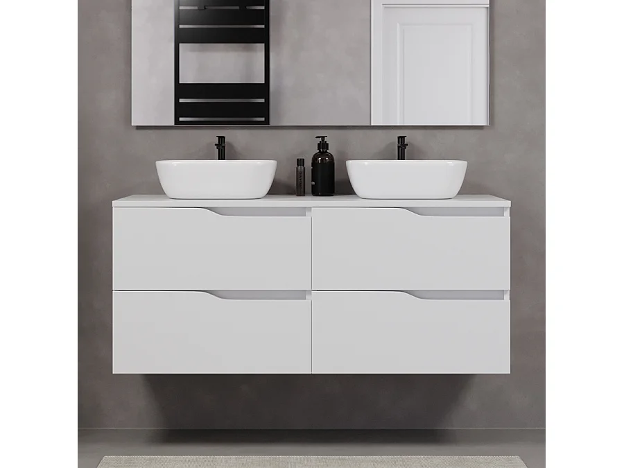 Meuble de salle de bain 120cm avec plateau et deux vasques à poser zeus - 4 tiroirs - sans miroir - blanc - LUNA