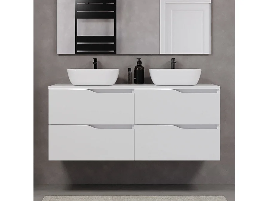 Meuble de salle de bain 120cm avec plateau et deux vasques à poser zeus - 4 tiroirs - sans miroir - blanc - LUNA