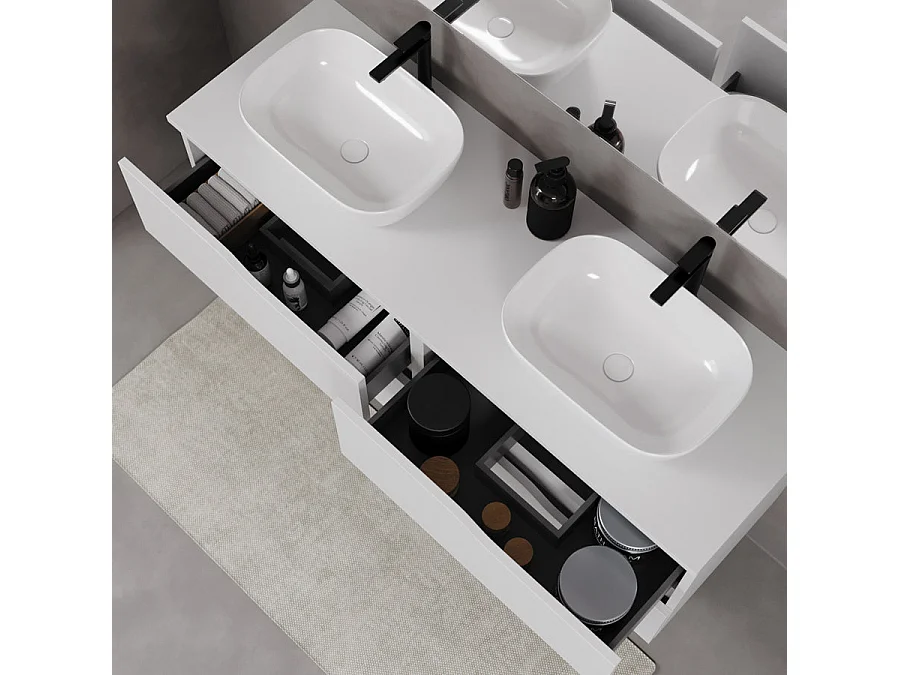 Meuble de salle de bain 120cm avec plateau et deux vasques à poser zeus - 4 tiroirs - sans miroir - blanc - LUNA