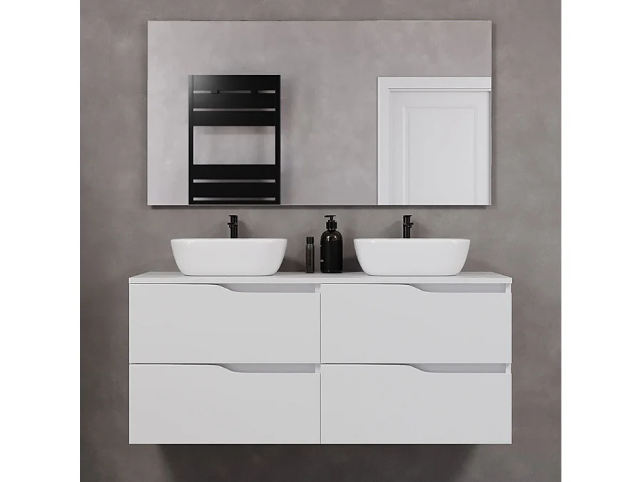 Meuble de salle de bain 120cm avec plateau et deux vasques à poser zeus - 4 tiroirs - sans miroir - blanc - LUNA