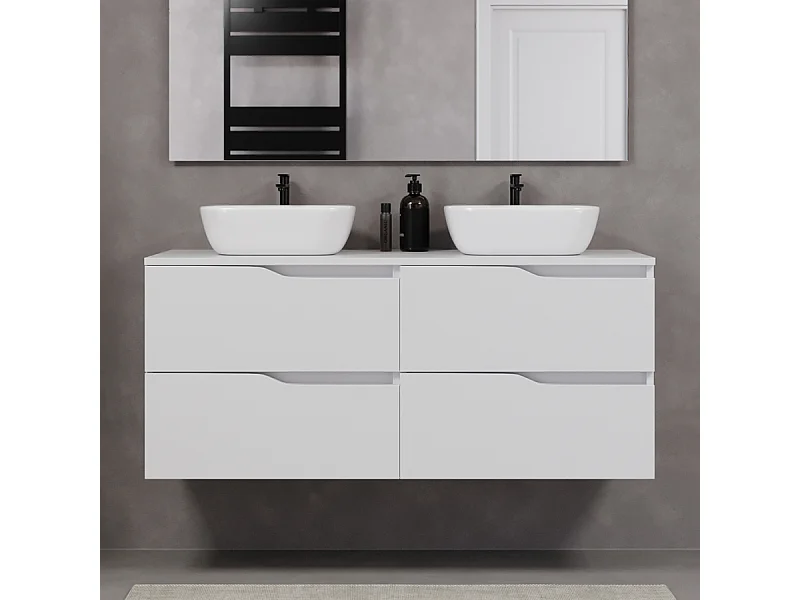 Meuble de salle de bain 120cm avec plateau et deux vasques à poser zeus - 4 tiroirs - sans miroir - blanc - LUNA