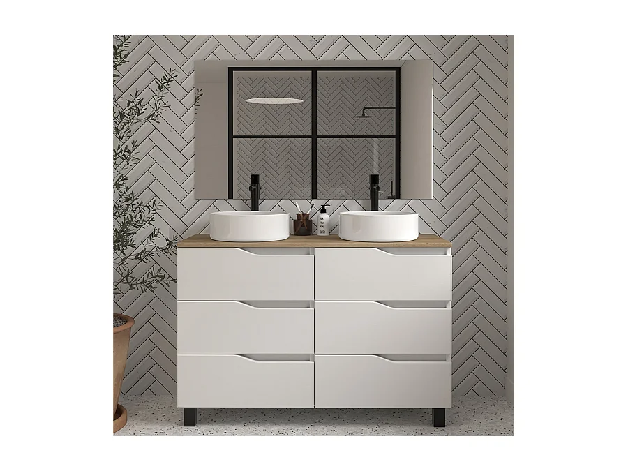 Meuble de salle de bain 120 avec plateau miel et vasque à poser - 6 tiroirs - blanc - MATA