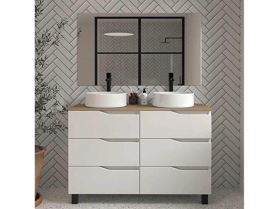 Meuble de salle de bain 120 avec plateau miel et vasque à poser - 6 tiroirs - blanc - MATA