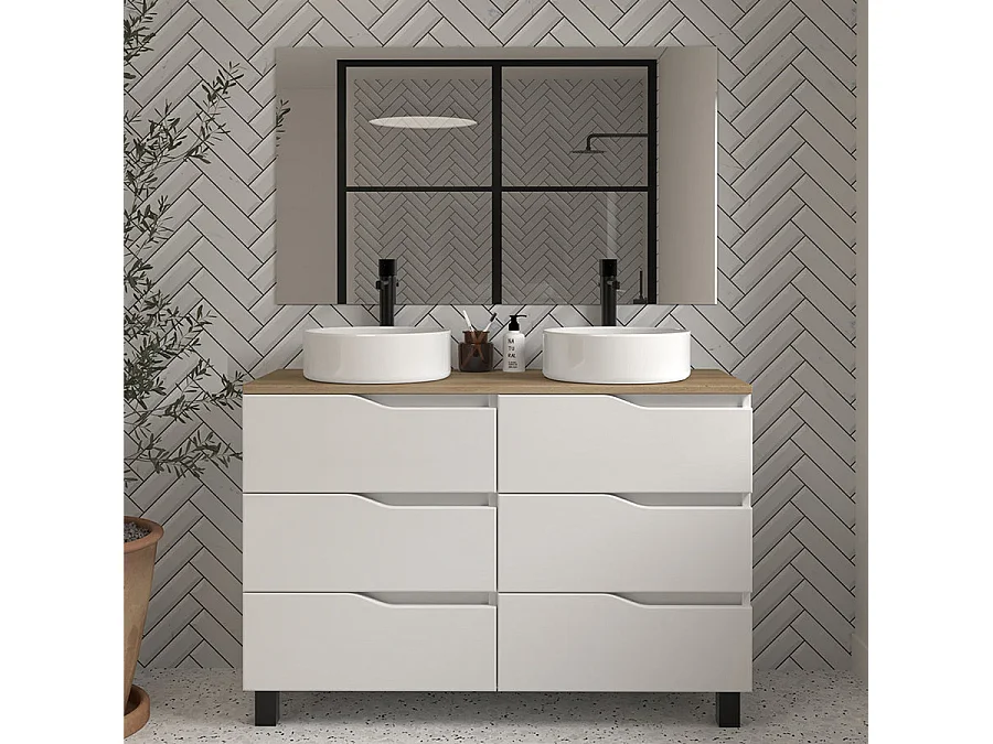 Meuble de salle de bain 120 avec plateau miel et vasque à poser - 6 tiroirs - blanc - MATA