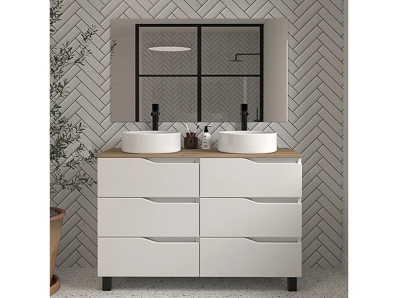 Meuble de salle de bain 120 avec plateau miel et vasque à poser - 6 tiroirs - blanc - MATA