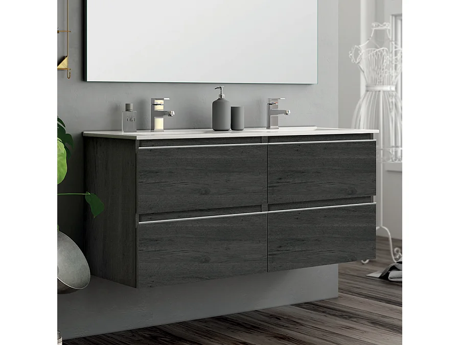 Meuble de salle de bain 120cm double vasque - 4 tiroirs - BALEA - ebony (bois noir)