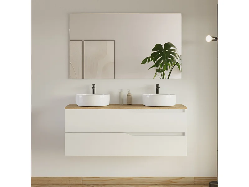 Meuble de salle de bain 120cm avec plateau miel et 2 vasques à poser Ares - 2 tiroirs - blanc - LUNA