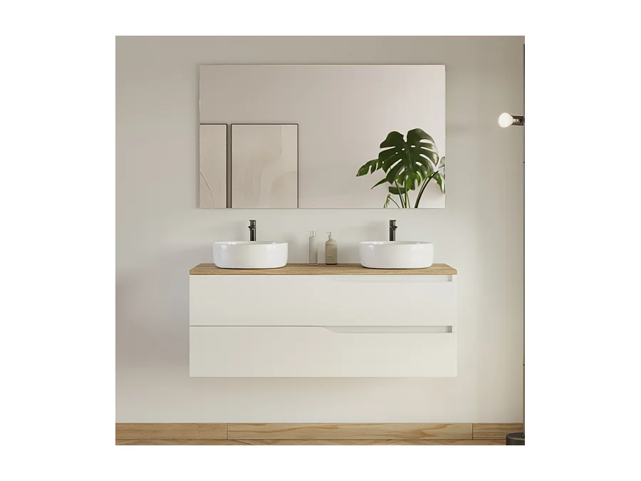 Meuble de salle de bain 120cm avec plateau miel et 2 vasques à poser Ares - 2 tiroirs - blanc - LUNA