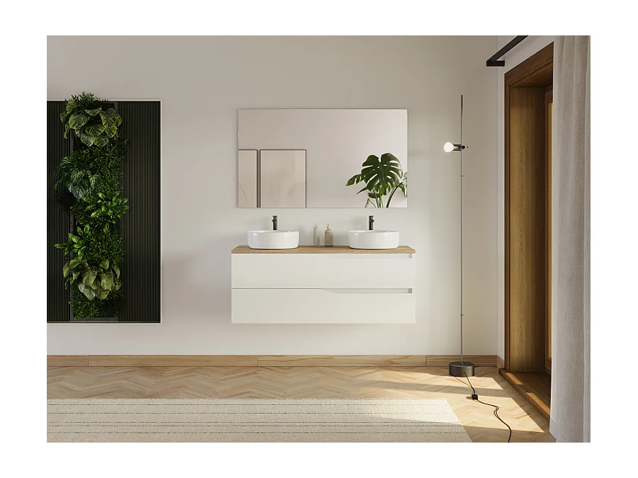 Meuble de salle de bain 120cm avec plateau miel et 2 vasques à poser Ares - 2 tiroirs - blanc - LUNA