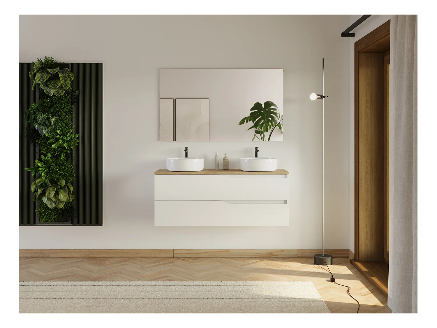 Meuble de salle de bain 120cm avec plateau miel et 2 vasques à poser Ares - 2 tiroirs - blanc - LUNA