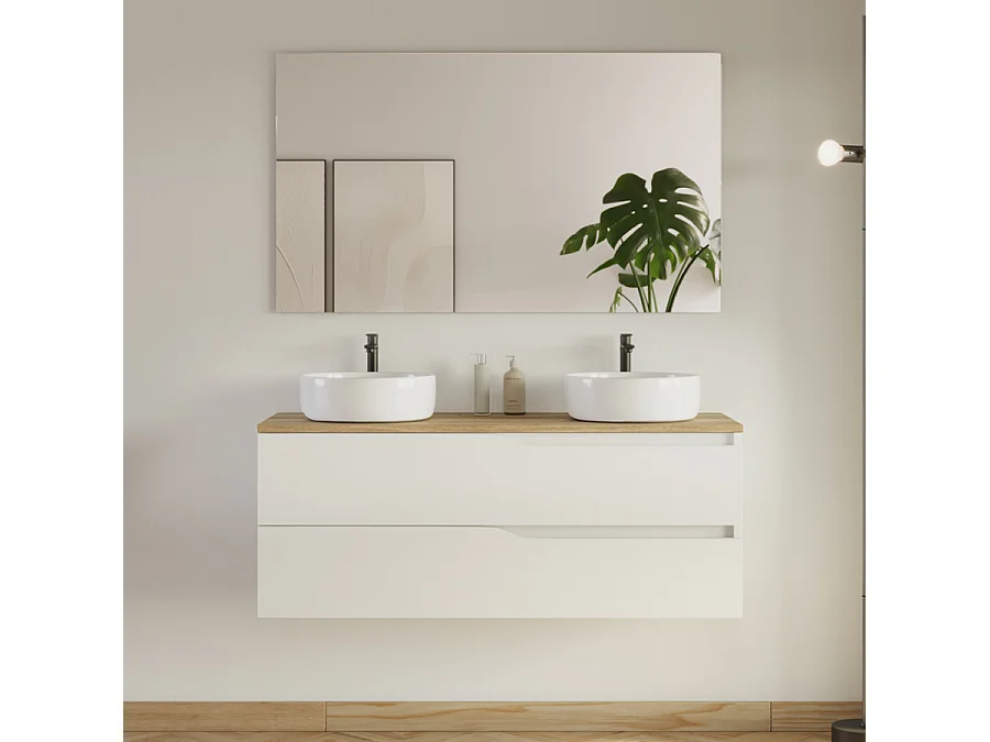 Meuble de salle de bain 120cm avec plateau miel et 2 vasques à poser Ares - 2 tiroirs - blanc - LUNA