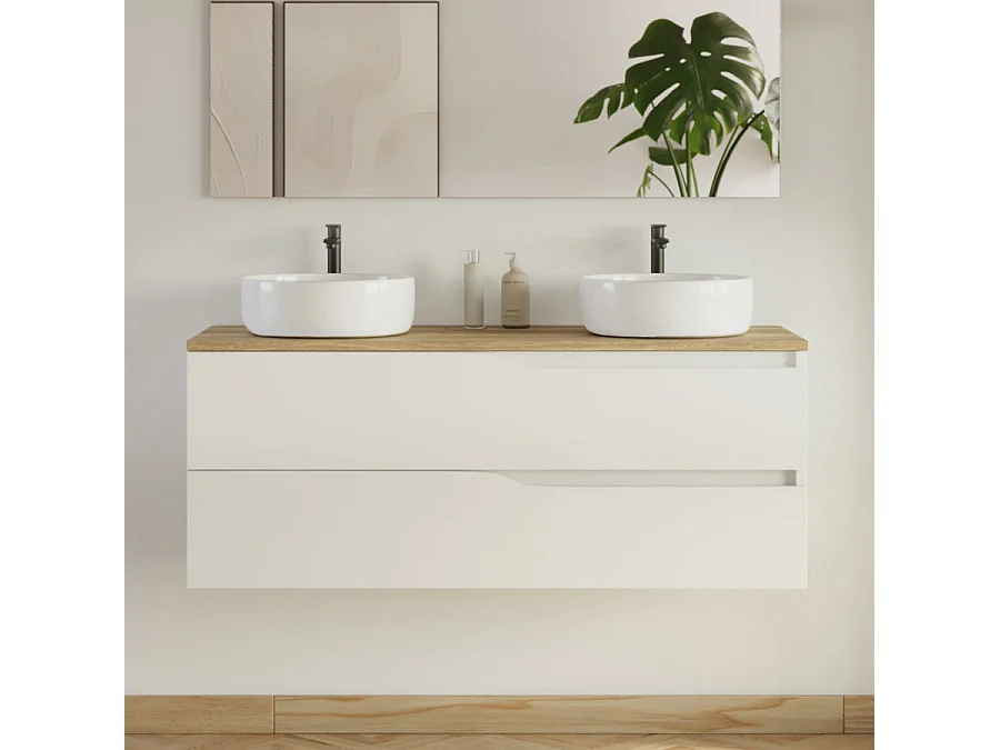 Meuble de salle de bain 120cm avec plateau miel et 2 vasques à poser Ares - 2 tiroirs - blanc - LUNA