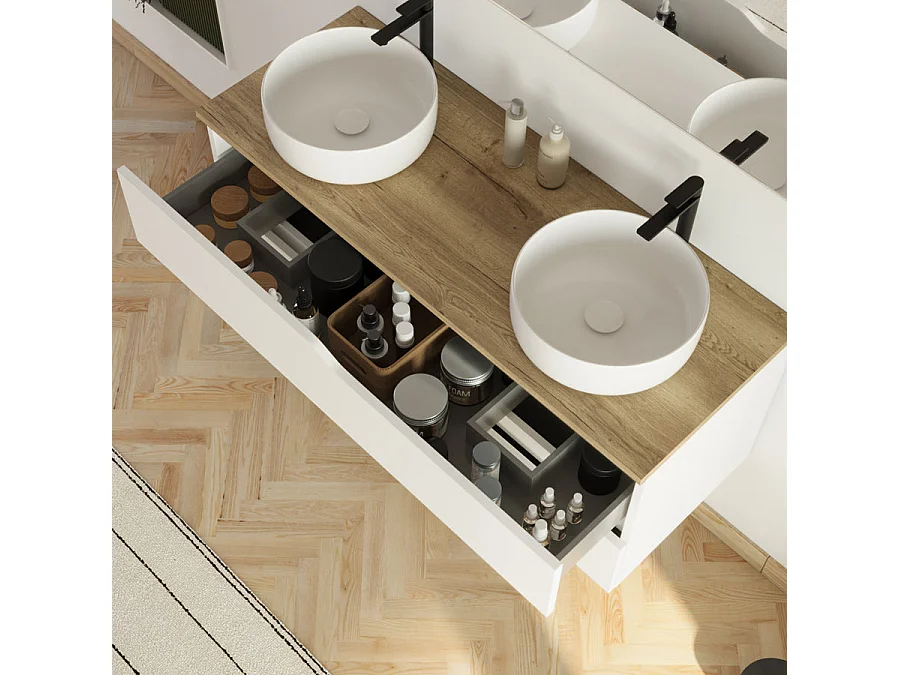 Meuble de salle de bain 120cm avec plateau miel et 2 vasques à poser Ares - 2 tiroirs - blanc - LUNA