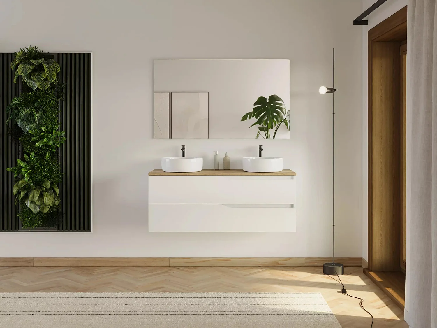 Meuble de salle de bain 120cm avec plateau miel et 2 vasques à poser Ares - 2 tiroirs - blanc - LUNA