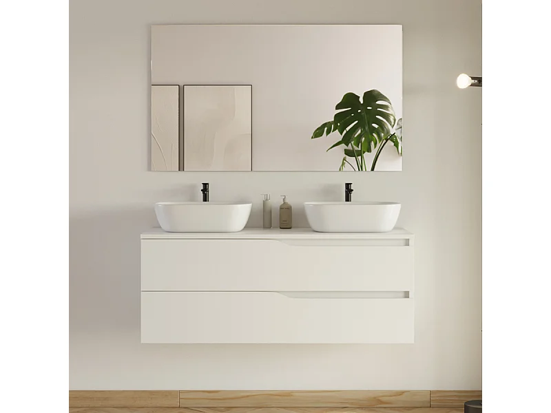 Meuble de salle de bain 120cm avec plateau et 2 vasques à poser Zeus - 2 tiroirs - blanc - LUNA