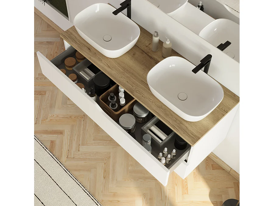 Meuble de salle de bain 120cm avec plateau et 2 vasques à poser Zeus - 2 tiroirs - blanc - LUNA