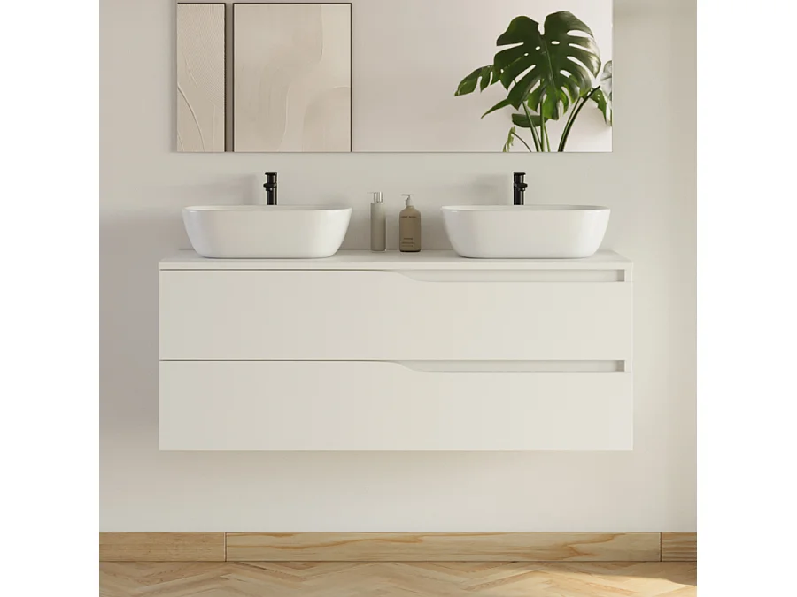 Meuble de salle de bain 120cm avec plateau et 2 vasques à poser Zeus - 2 tiroirs - blanc - LUNA
