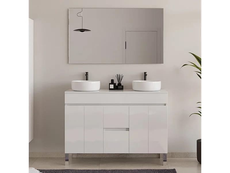 Meuble de salle de bain 120cm sur pieds avec plateau et deux cuves à poser rondes - portes et tiroirs - blanc - HARO