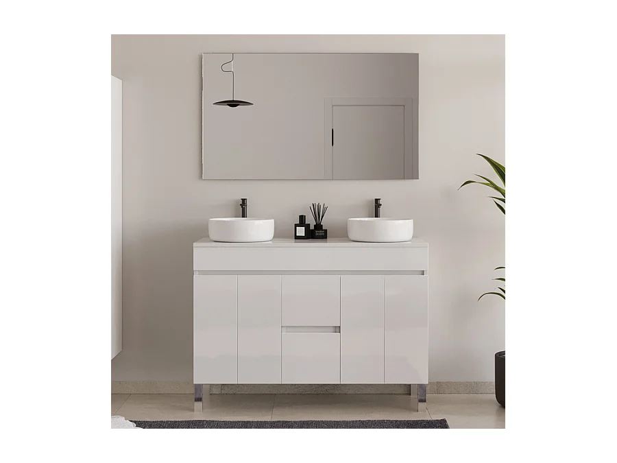 Meuble de salle de bain 120cm sur pieds avec plateau et deux cuves à poser rondes - portes et tiroirs - blanc - HARO