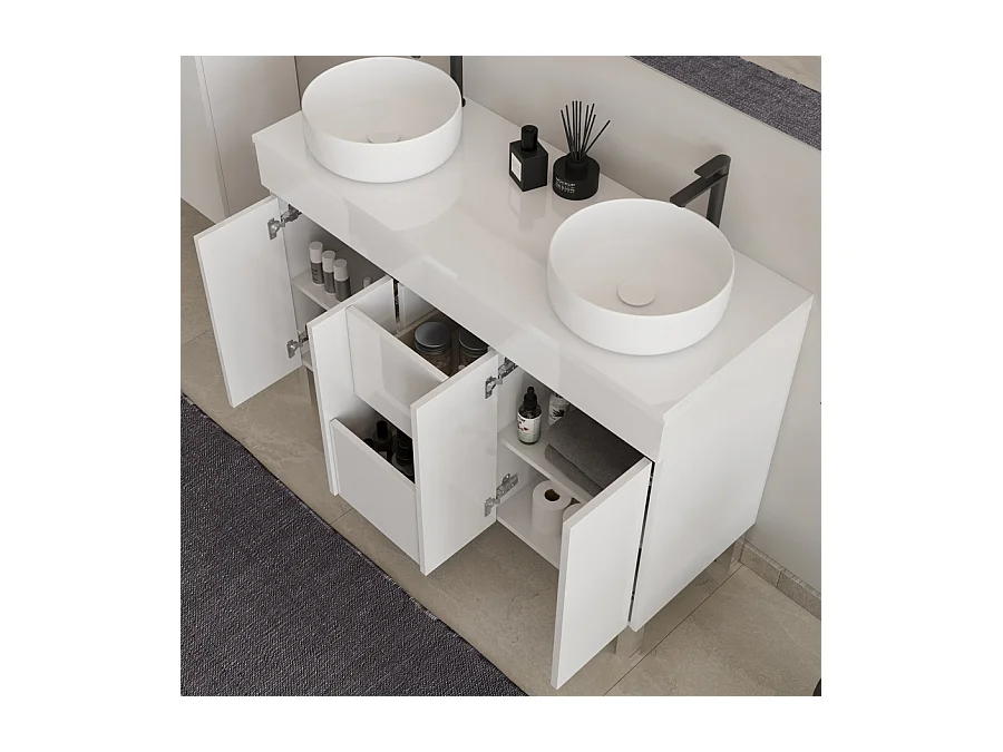Meuble de salle de bain 120cm sur pieds avec plateau et deux cuves à poser rondes - portes et tiroirs - blanc - HARO