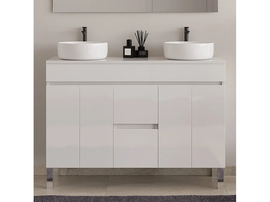 Meuble de salle de bain 120cm sur pieds avec plateau et deux cuves à poser rondes - portes et tiroirs - blanc - HARO