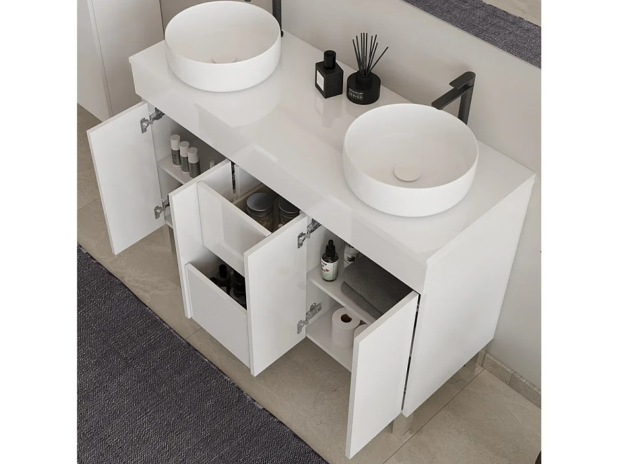 Meuble de salle de bain 120cm sur pieds avec plateau et deux cuves à poser rondes - portes et tiroirs - blanc - HARO