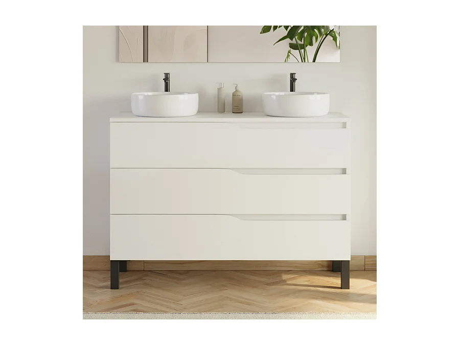 Meuble de salle de bain 120cm avec plateau et 2 vasques à poser Ares - 3 tiroirs - sans miroir - blanc - MATA