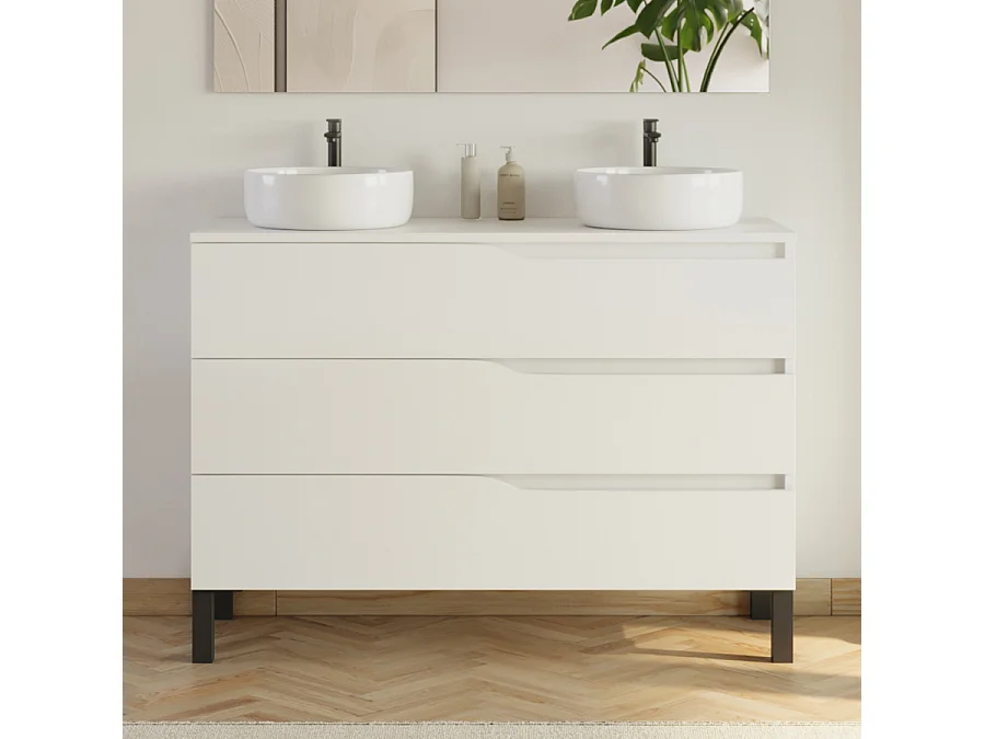 Meuble de salle de bain 120cm avec plateau et 2 vasques à poser Ares - 3 tiroirs - sans miroir - blanc - MATA